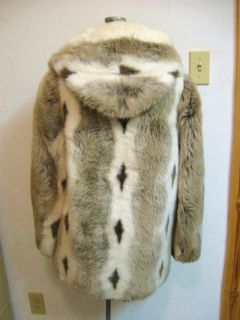 Vtg Hooded Faux Fur Jacket Coat Brown Cream Leather Trim Zip Front s M