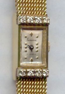 Ladys 14k Gold Diamond Geneva Bracelet Watch 17JEWEL