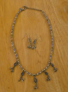 Sarah Coventry Signed Necklace Earring Set Pewter Tone with Blue Stone