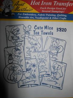 Aunt Martha R3820 Cute Mice Tea Towels Hot Iron Transfer Embroidery