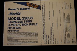 Marlin Model 336SS Lever Action Rifle 30 30 Win Owners Manual 1 02