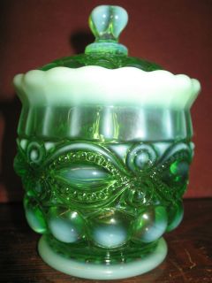 Green Opalescent glass eyewinker pattern Covered Candy dish sugar bowl