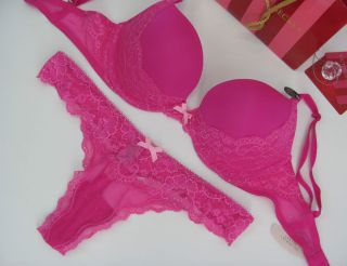 New Victoria Secret Dream Angels Pink Push Up Bra Thong Set Add 2 Cup