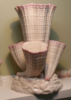 Large Belleek Hipperitus Vase with Pink Tint 1st Black Mark