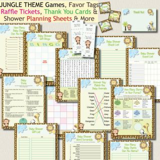 Jungle Zoo Baby Shower Games Pack Favor Tags Raffle Thank You Cards U