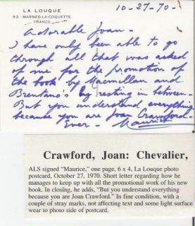 Maurice Chevalier Original Postcard to Joan Crawford