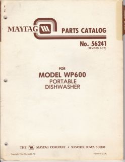 MAYTAG Parts Catalog No. 56241 Model WP600 Portable Dishwasher 1966