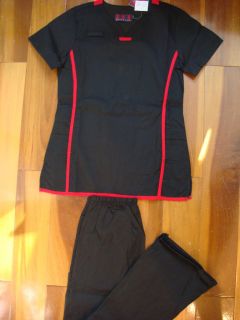 Ladies Nursing Medical Scrubs Set Black Red Nurse Uniforms New
