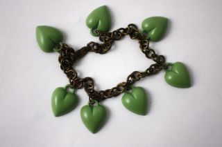 Whimsical Old Vintage Plastic Green Envy Hearts Charm Brass Chain Link