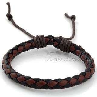 Mens Black Brown Surfer Woven Rope Leather Bracelet Wristband