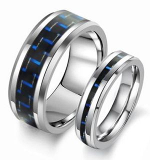 New Matching Tungsten Carbide Ring Set Wedding Bands Blue Black Carbon