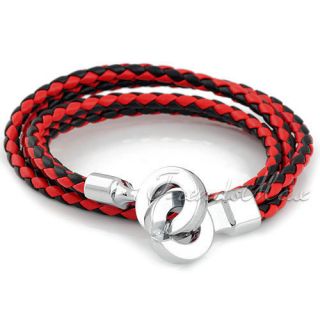 Mens Womens Red Black Multi Strand Rope Woven Leather Bracelet