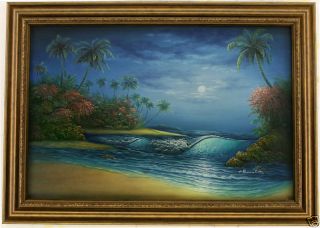 Evening Shore Palm Trees Tropical Beach Art Framed Oil Painting