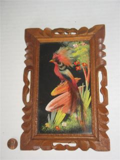 Vintage Mexican Feather Art with Carved Wood Frame from Mexico