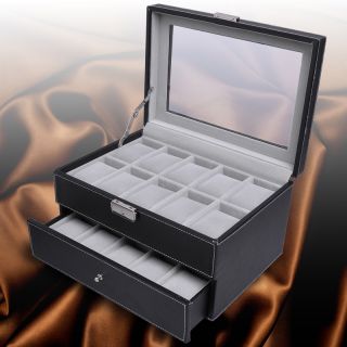 Watch Display Box 20 Mens Black Leather Storage Organizer Glass Top
