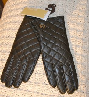 Michael Kors Quilted Soft Black Leather Gloves Large w Silver Logo