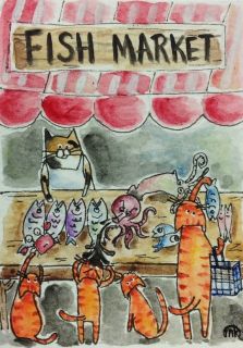 cat fish market octopus kitten folk art watercolor ACEO original
