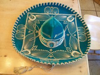 VINTAGE MEXICAN HAT SOMBRERO GREEN HORSESHOES HAND MADE 24 INCH BRIM