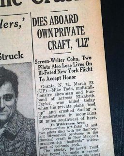 Mike Todd Airplane Crash Death Liz TAYLOR1958 Newspaper