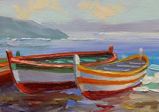 Mikki Senkarik Original Oil Painting ACEO Diptych Amalfi Coast Fishing