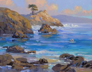 Mikki Senkarik Original Oil Painting Carmel Lone Cypress Sea Otter