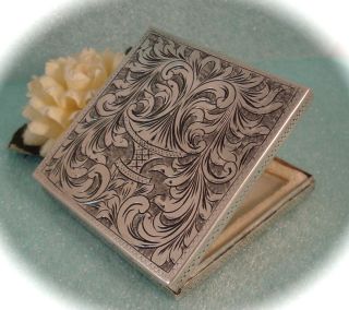 Vintage Floral Etched 800 Sterling Silver Mirror Powder Compact