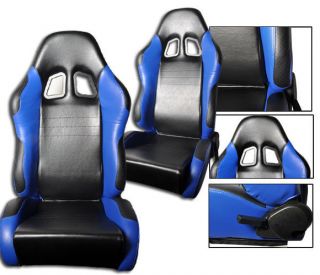 NEW 2 BLACK & BLUE LEATHER RACING SEATS RECLINABLE W/ SLIDER ALL
