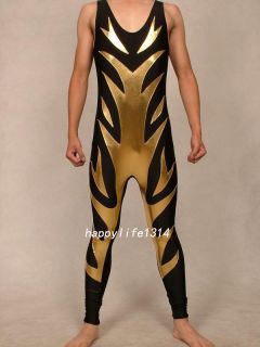 Lycra spandex zentai wrestling singlet gold /black Size S XXL
