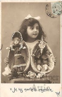 Pretty Young Girl with Doll & Puppet Antique Vintage French Photo