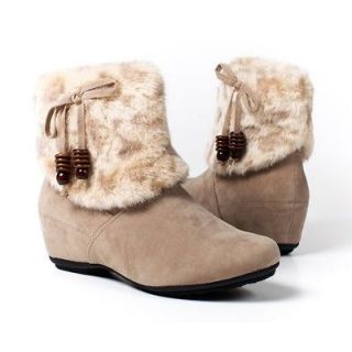 Womens Shoes Sand Beige Fur Bowtie Eskimo Mukluk Flat Ankle Boot