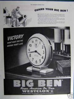 1943 Big Ben Westclox alarm clocks Buy War bonds WW2 AD