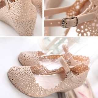 Womens Soft Jelly Rubber Floral Mary Jane Round Toe Wedge Heel Sandal