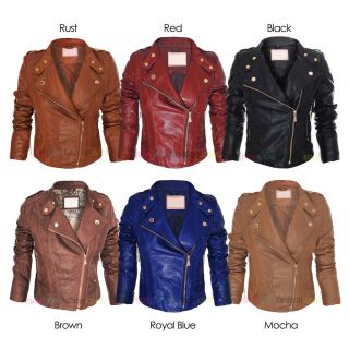 Ladies Black Faux Leather PU Gold Zip Crop Biker Jacket Long Sleeve 8