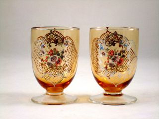 Bohemian Czech Amber Glasses Enamel & Sterling Silver Overlay