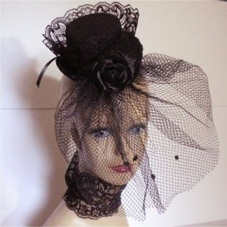 Widow,Goth Black Lace & Rose Fascinator 6 Oval Top Hat with Birdcage