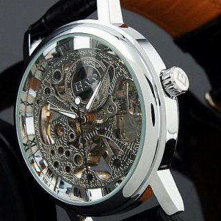 Silver Skeleton Mans Gift Mens Hand winding Mechanical Watch
