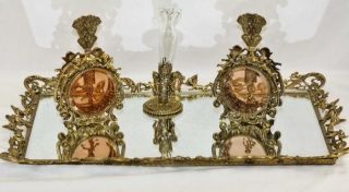 Ornate Gold Metal Cherub Mirror Tray & Pefume Bottles Boudoir Vanity