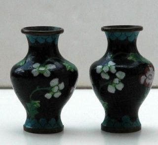 Pair of Vintage Small 3 China Asian Cloisonne Floral Vases Black Red