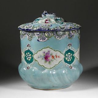 Antique Covered Jar Moriage Beads Scrolls Hand Painted Tea Cookie Aqua