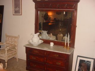Carved Victorian Walnut Marble Top Dresser W/Beveled Edge Mirror in