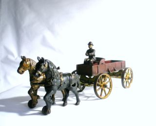inch Horse Drawn Wagon with Driver Cast Iron Childs Toy Antique 1800s