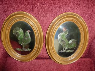 VINTAGE BURWOOD OVAL PLAQUES ROOSTER PAIR RARE ITEM