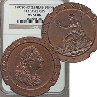 Great Britain 1797 SOHO George III Penny 11 Leaves NGC MS 64 BN
