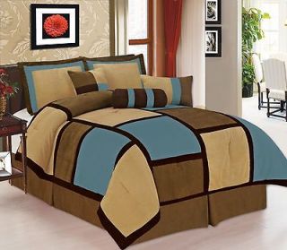 Pieces Aqua Brown & Beige Micro Suede Patchwork Comforter Bedding Set