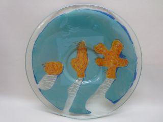 Art Glass Charger/Plate Huge Abstract Blue/Orange Sea/Fish Design