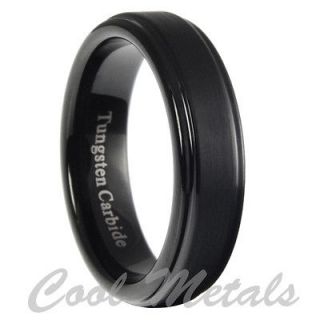 6mm Tungsten Carbide Mens Brushed Stepped Edges Black Wedding Band