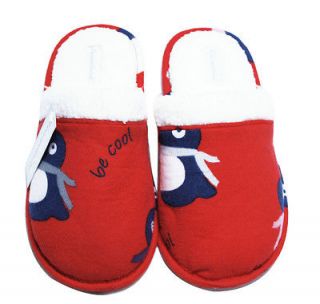 New Leisureland Womens Flannel Cozy Slippers Penguin Print Red