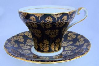 AYNSLEY CUP & SAUCER   BLACK & GOLD   EXQUISITE #2457