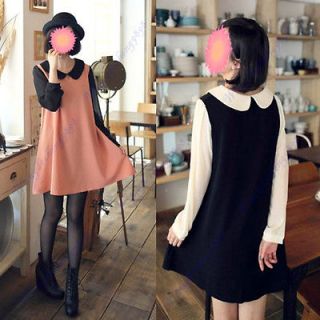 Women Girl Lovely Vintage Doll Collar Long Sleeve Dress With Bow Tie