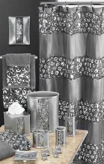 SILVER GLITTER WASTE BASKET SET, SHOWER CURTAIN, RUGS AND TOWELS